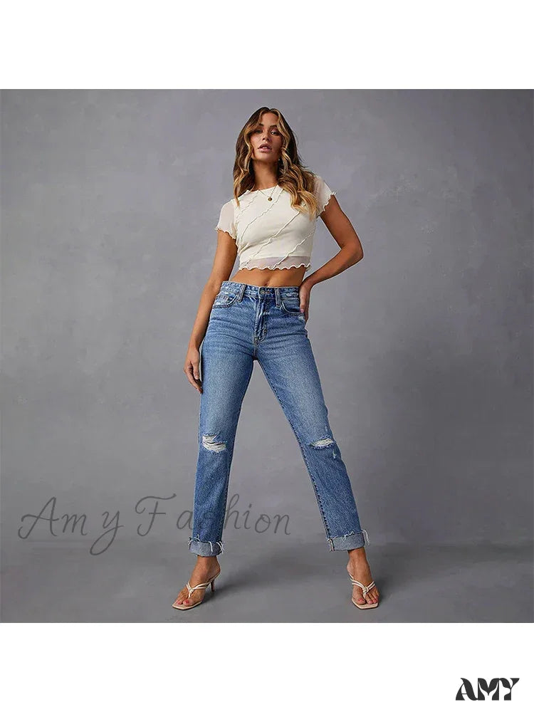 Party Jeans for Night Out -Amy Fashion - Stretch Blue High Waist Ripped Casual Fashion Streetwear Denim Jean