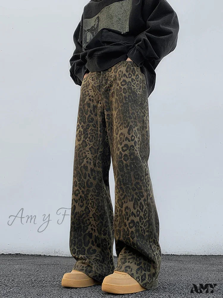 Denim Jeans for Durability -Amy Fashion - 2024 Y2K Leopard Print Wide Leg Women High Waisted Fashion Streetwear Retro Denim Baggy Casual Straight Jean