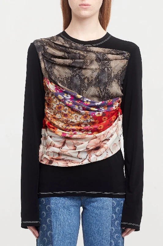 Outdoor Jeans for Adventures -Marine Serre Regenerated Silk Scarves Draped Top