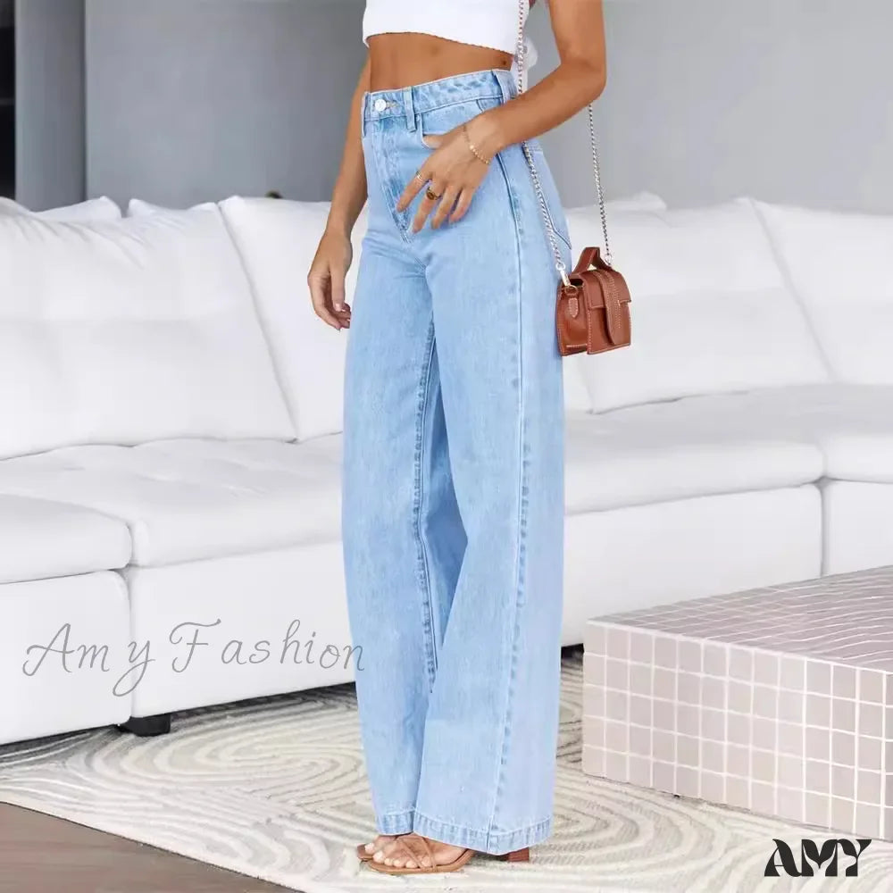 Capri Jeans for Beach Style -High Waist Loose Fit Wide Leg Button Basics Solid Color Denim Casual Pockets Jean