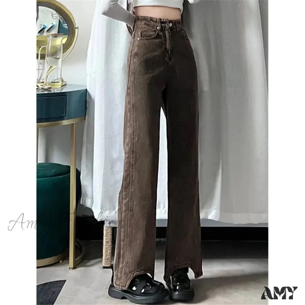 Fringed Jeans for Western -Retro Y2K Brown Wide Leg Irregular Baggy 90s Solid High Waist Comfortable Jeans