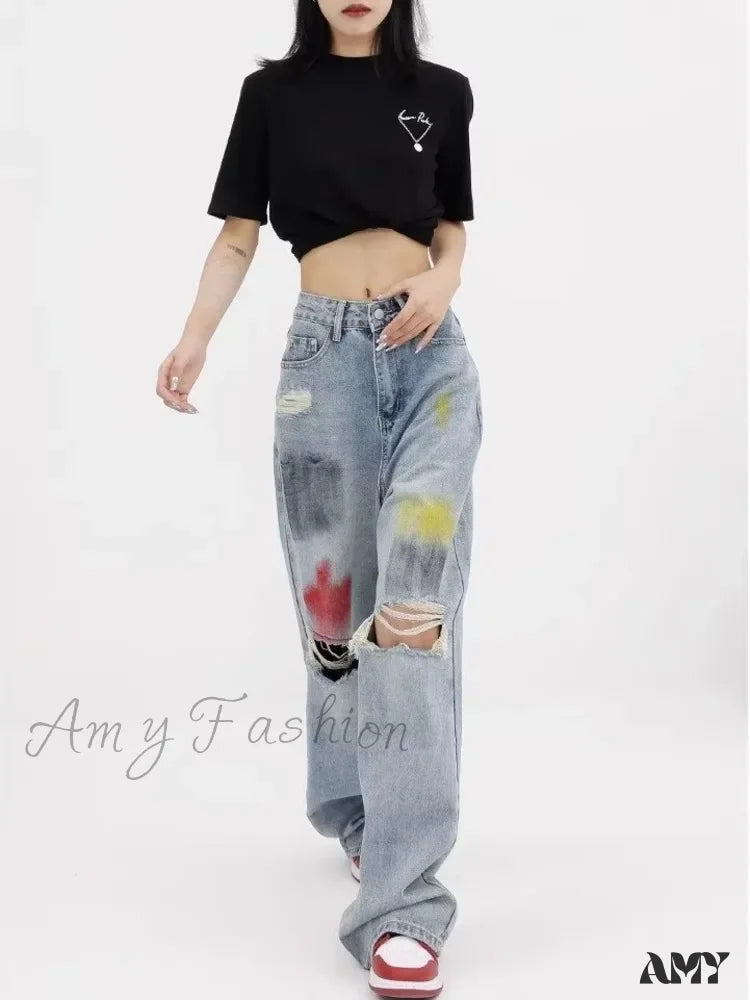 Bootcut Jeans for Flattering -Amy Fashion - Summer Graffiti Blue Wash Hole New Floor Slam Straight Leg Jean