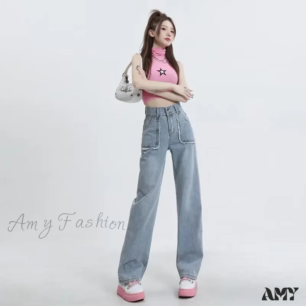 Affordable Jeans for Budget -Amy Fashion - High End Raw Edge Stitching Design Lifting Buttocks Slimming Straight Wash Summer Denim Jean