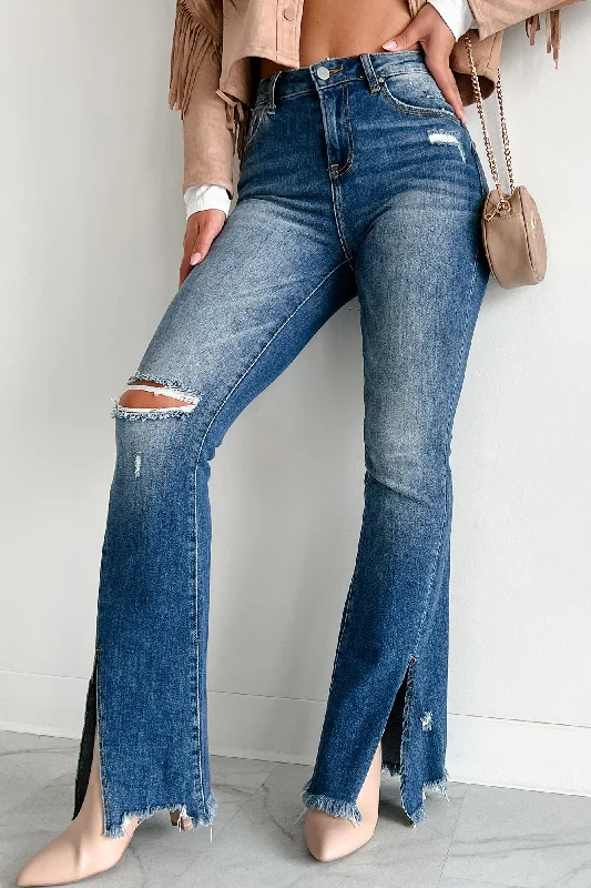 Embellished Back Pocket Jeans for Glamour -Cassius High Rise Split Hem Risen Flare Jeans (Dark)