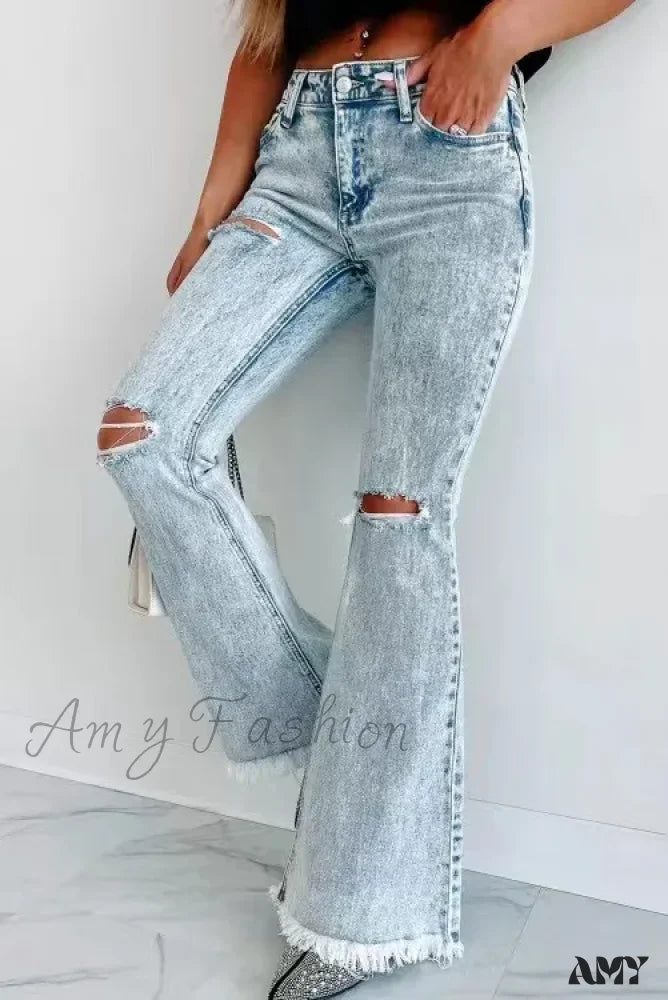 Flare Jeans for Retro Vibe -Amy Fashion - Fall Blue Ripped High Waisted Casual Baggy Denim Street Fashionable Jean