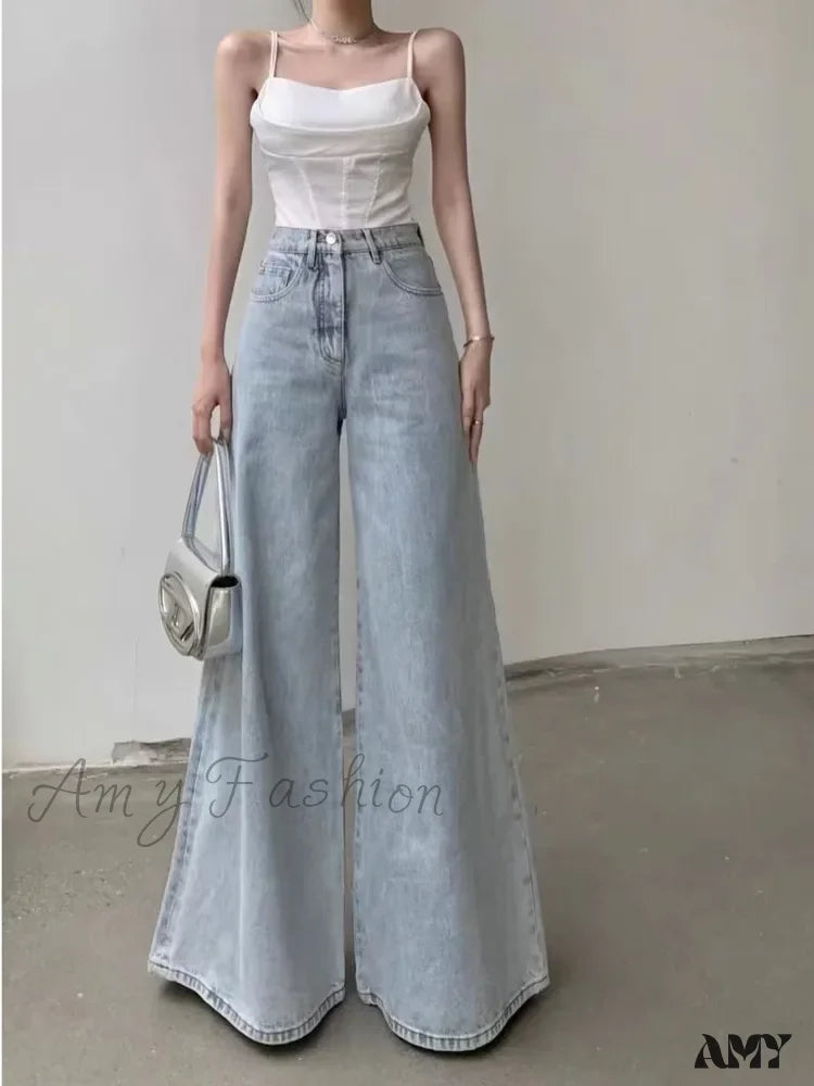 Zipper Fly Jeans for Convenience -Amy Fashion - Slimming Vintage Flared Loose Fitting High-Waisted Denim Mop Floor Length Jean