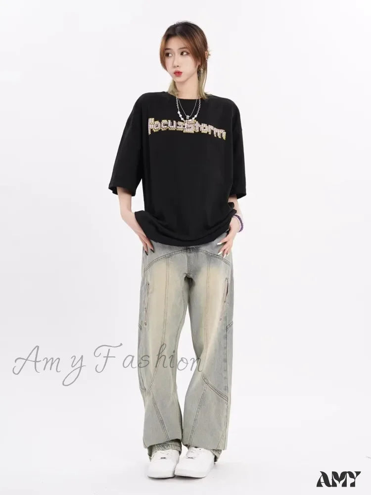 Acid Wash Jeans for Vintage -Amy Fashion - Small High Street Distressed Trendy Brand Washed Vintage Versatile Loose Wide Leg Women's Jean