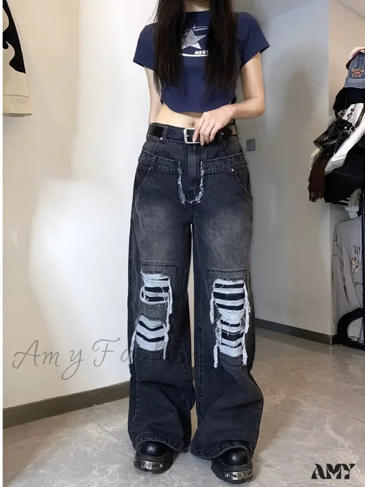 Frayed Hem Jeans for Edgy -Amy Fashion - High Street Niche Design Washed Straight Tube Loose Fitting Retro Trendy Women's Jean