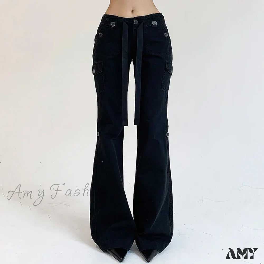 Distressed Jeans for Edgy Style -Vintage Y2K Chic Brown Low Waisted Flared Stitched Grunge Streetwear Slim Denim Jean