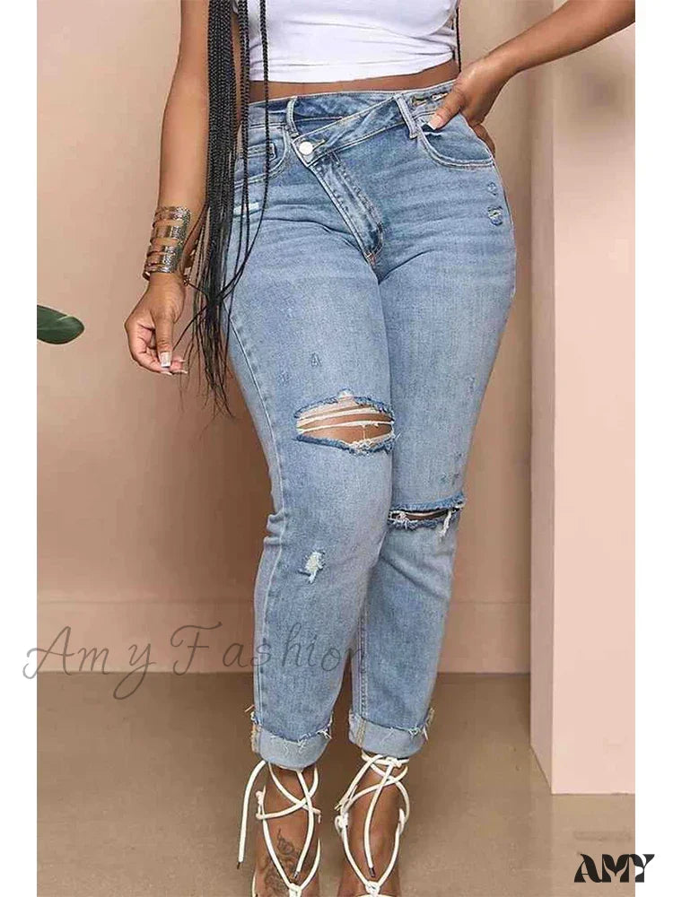 Wedding Jeans for Casual -Amy Fashion - Classic Fashion Stretch Ripped Streetwear Denim Jean