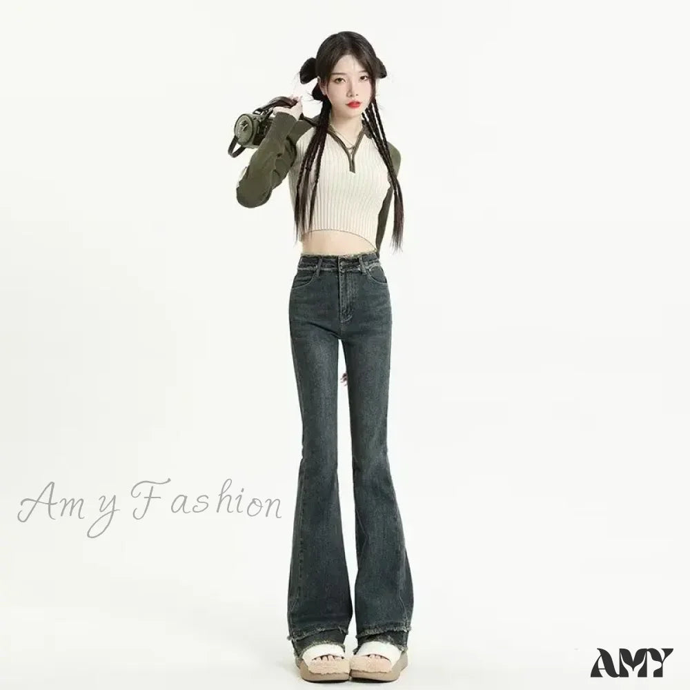 Sustainable Jeans for Eco -Amy Fashion - Micro Flared Minimalist Fashionable Harajuku Women's Trend Jean