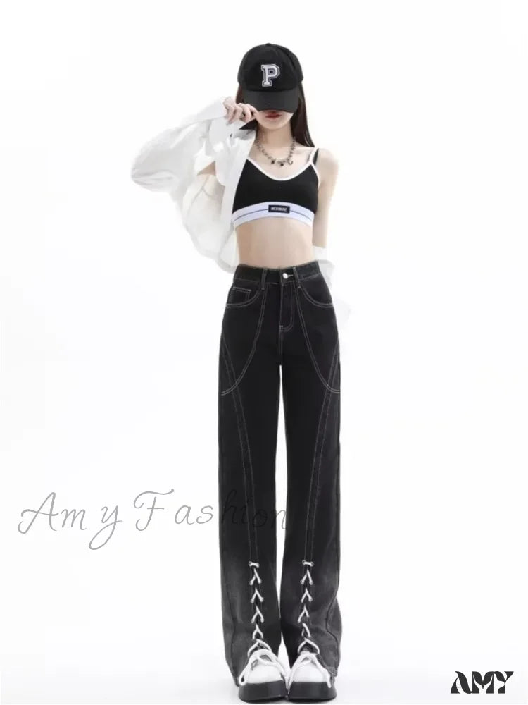 Bootcut Jeans for Flattering -Amy Fashion - Vintage Harajuku Women Clothes For Teenagers Y2k Aesthetic Clothing Autumn Baggy Jean