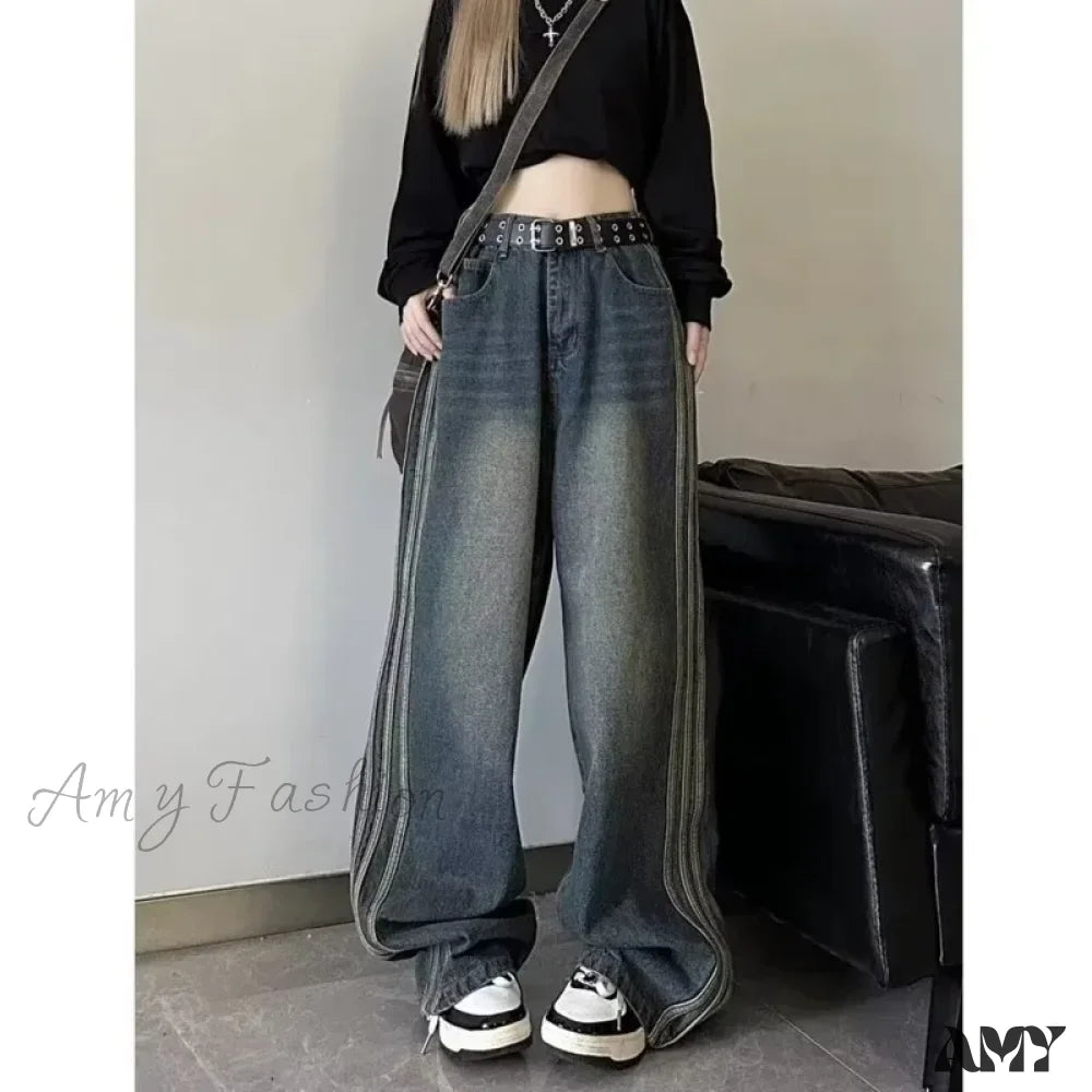 Distressed Jeans for Edgy Style -Amy Fashion - Sweeping Floor Spicy Girl Small Loose High Waisted Straight Leg Wide-Leg Jean