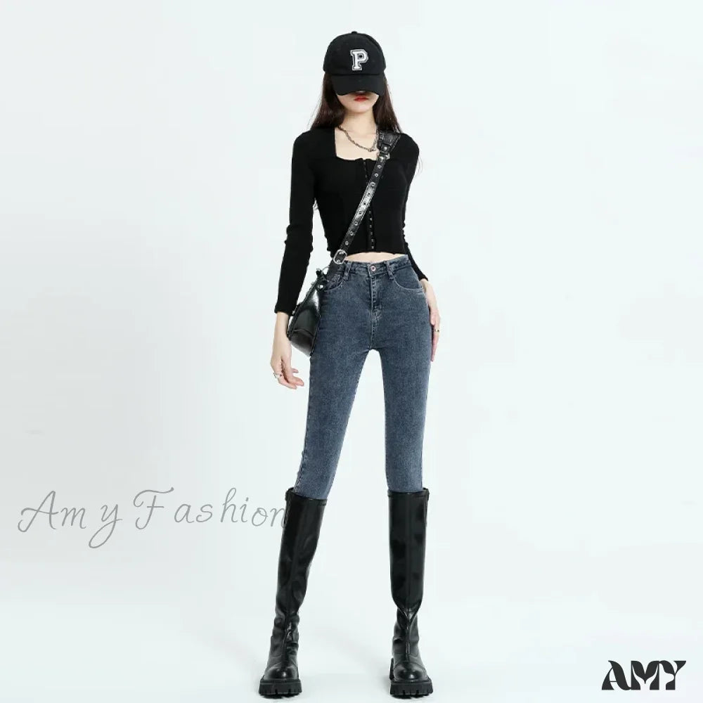 Raw Hem Jeans for Trendy -Amy Fashion - Winter Women Stretch Thicken Lamb Fluff High Waist Fleece Lined Warm Slim Denim Pencil Pants Jean