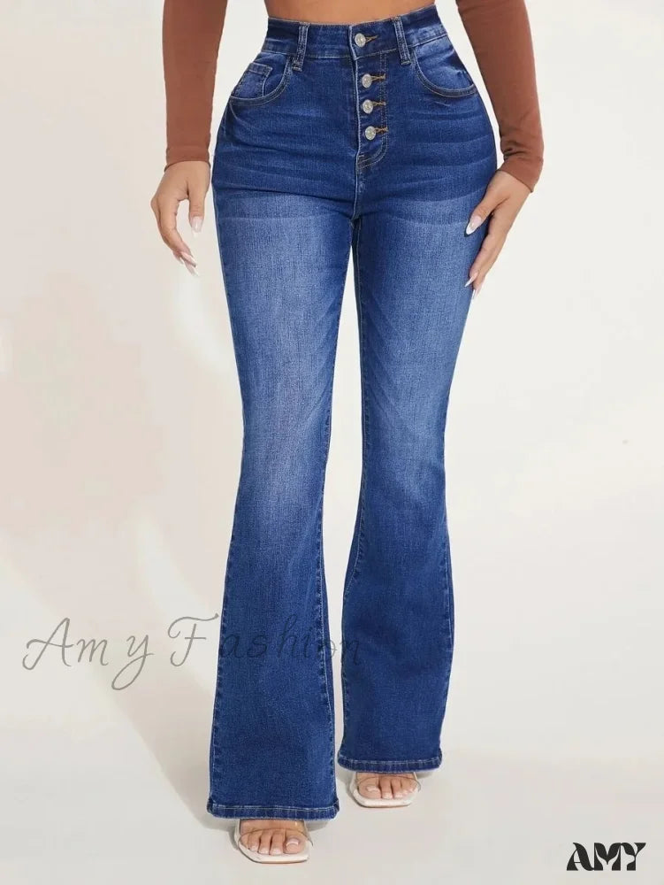 Patchwork Jeans for Bohemian -Amy Fashion - Stretch Slim Flare Button Fly High Waist Full Length Vintage Jean