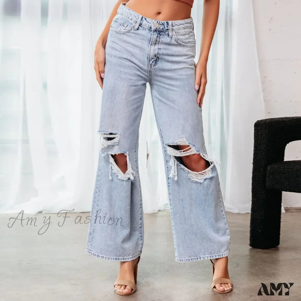 Casual Friday Jeans for Relaxed -Amy Fashion - Fall High Waist Ripped New Blue Streetwear Casual Wide Leg Baggy Trendy Fashionable Denim Jean