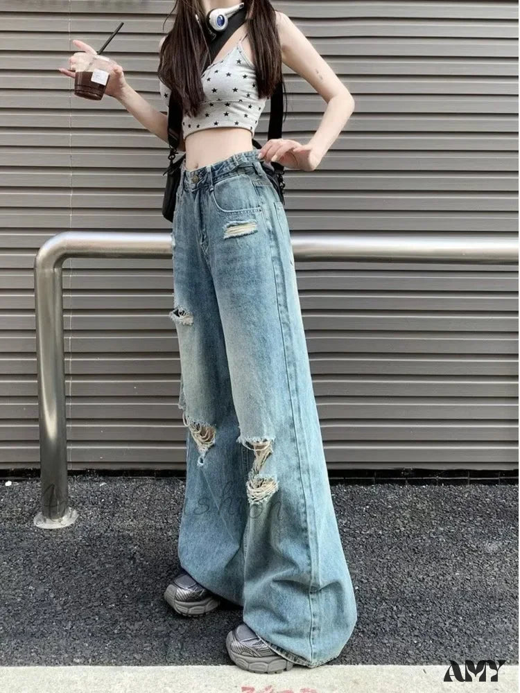 Khaki Jeans for Different -Amy Fashion - Vintage Torn High-Waisted Slimming Loose-Fitting Long Women's Jean