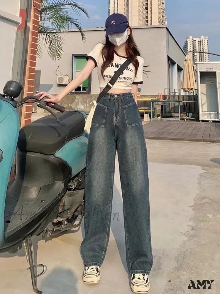 Zipper Fly Jeans for Convenience -Amy Fashion - Summer Popular Light-Colored New Trendy Wide-Leg Japanese Fashion Jean