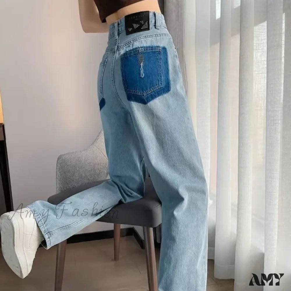 Designer Jeans for Luxury -Amy Fashion - Summer Thin Vintage Blue High Waist Slim Pear Shaped Contrast Straight Leg Wide Leg Jean