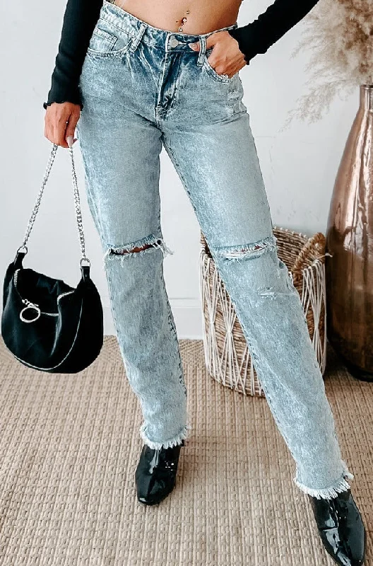 Belt Loops Jeans for Accessorizing -Phaedra High Rise Distressed Straight Leg Jeans (Light)