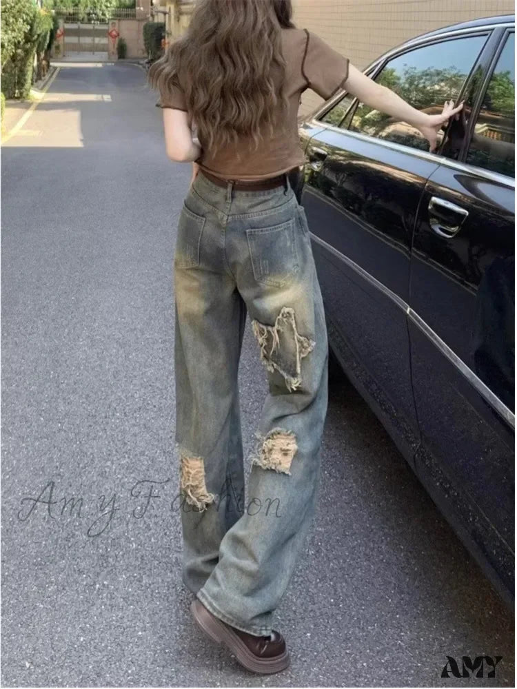 Cargo Jeans for Utility -Amy Fashion - Perforated Summer Loose Straight Leg Niche Stitching Old Beggar Fashion Jean