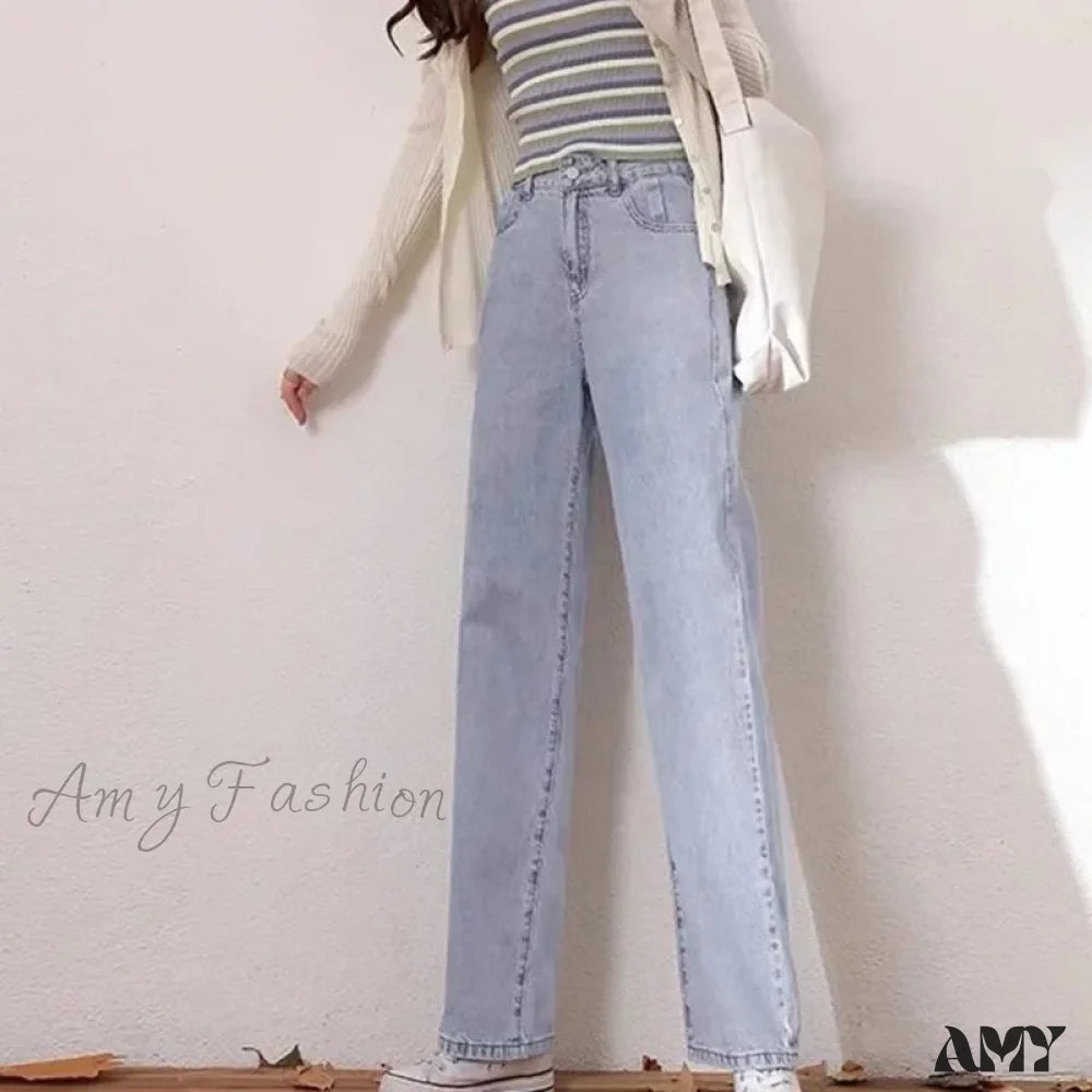 Overalls Jeans for Workwear -Amy Fashion - High Quality Vintage Blue Wide-Leg Straight Fashion Jean