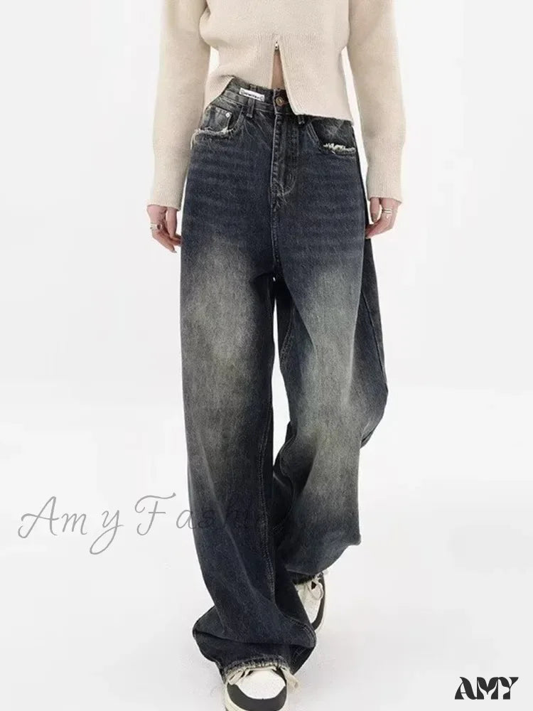 Party Jeans for Night Out -Amy Fashion - High Waisted Wide Leg Slim Ruffled Street Mop Jean