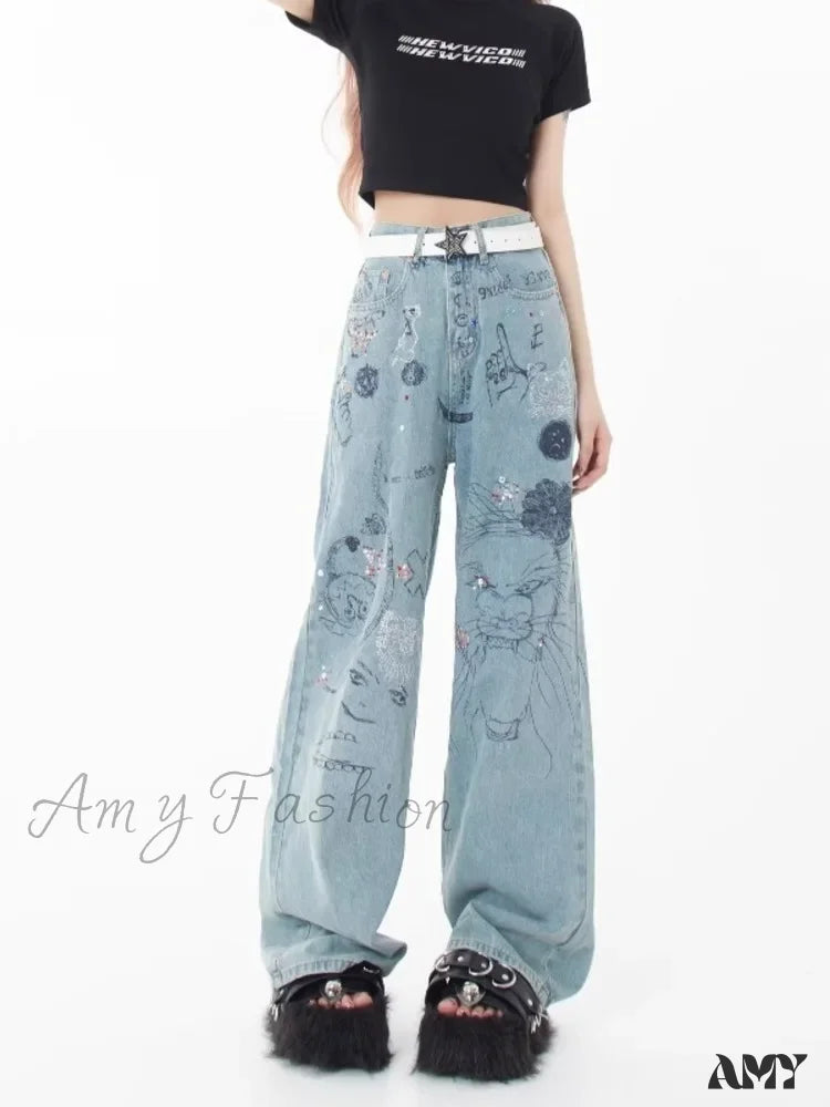 Graduation Jeans for Milestone -Amy Fashion - Spring and Autumn New Small Market Design Sense Personalized Print Graffiti Straight Women's Jean