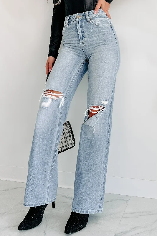 Frayed Hem Jeans for Edgy -Linus High Rise 90s Vintage Flare Jeans (Medium-Light)