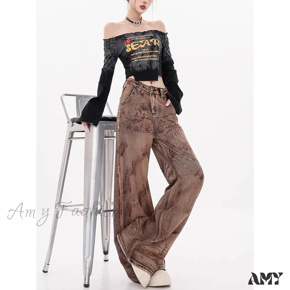 A-line Skirt Jeans for Grace -Vintage Washed Baggy Y2K Streetwear High Waist Korean 2024 Jeans