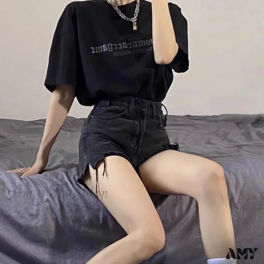 Club Jeans for Social -Amy Fashion - Oversized Loose And Slimming Black Summer High Waisted A-line Hot Pants Fashion Jean