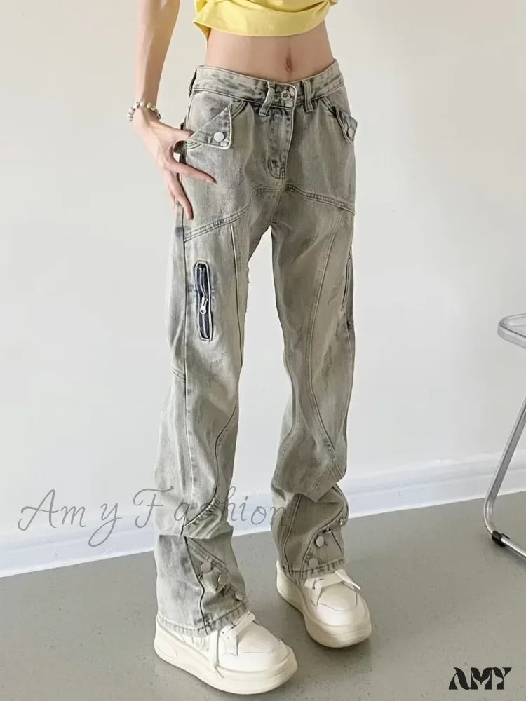 Frayed Hem Jeans for Edgy -Amy Fashion - Yellow Mud Color Street Zippered High Street Trendy Slimming Micro Flared Jean