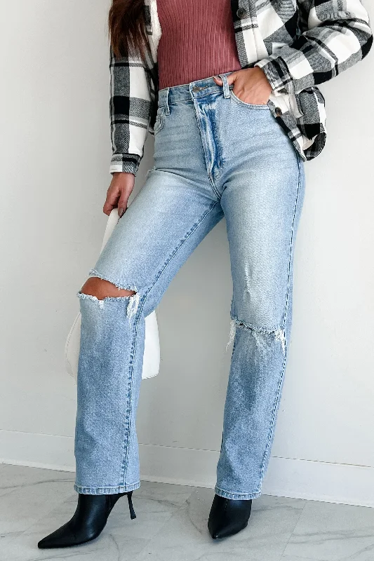 High-end Jeans for Exclusivity -Monty High Rise Distressed Cello Dad Jeans (Light Denim)