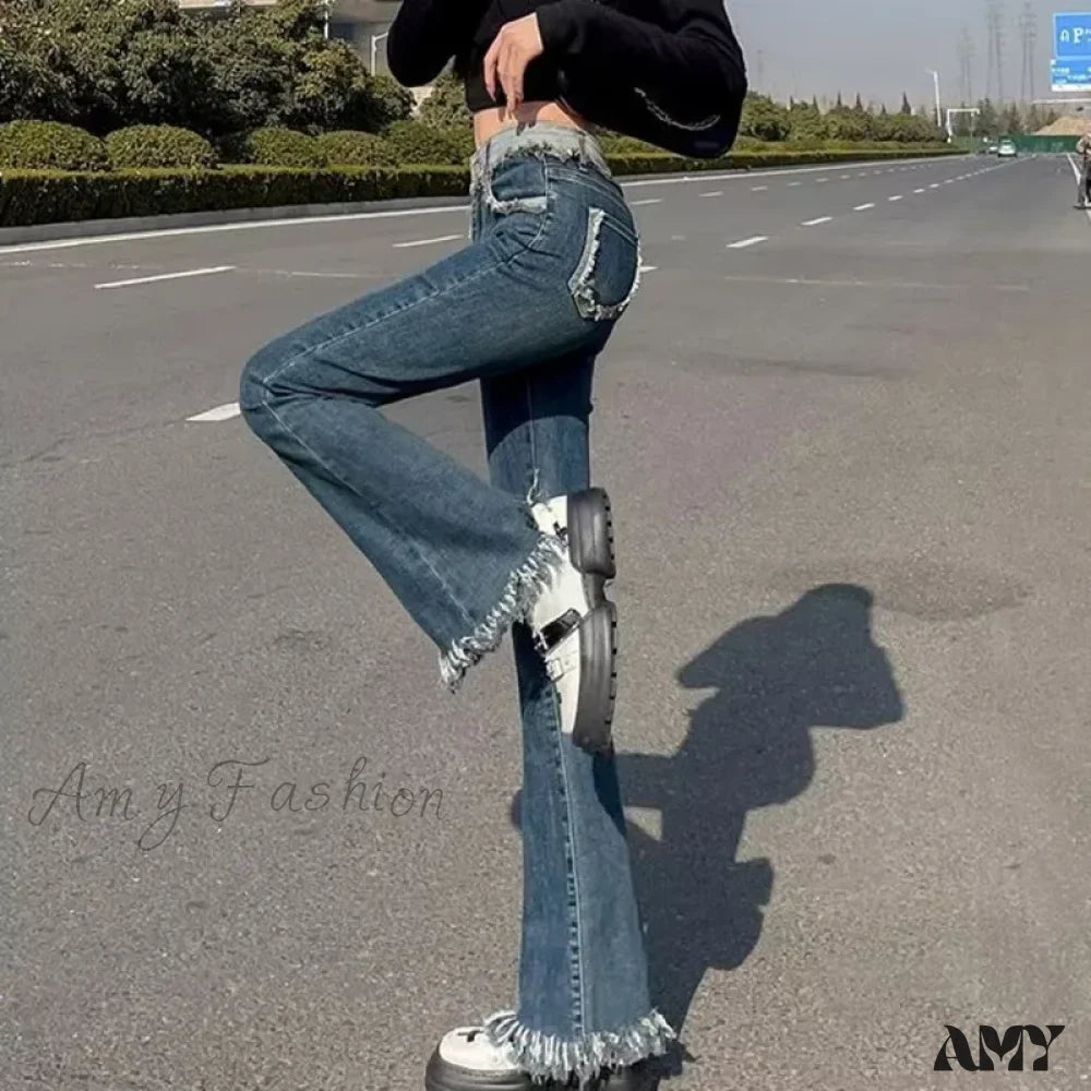 School Jeans for Uniform -Amy Fashion - Spring And Autumn New Vintage Blue Tassel Elastic Horseshoe Rugged Edge Jean