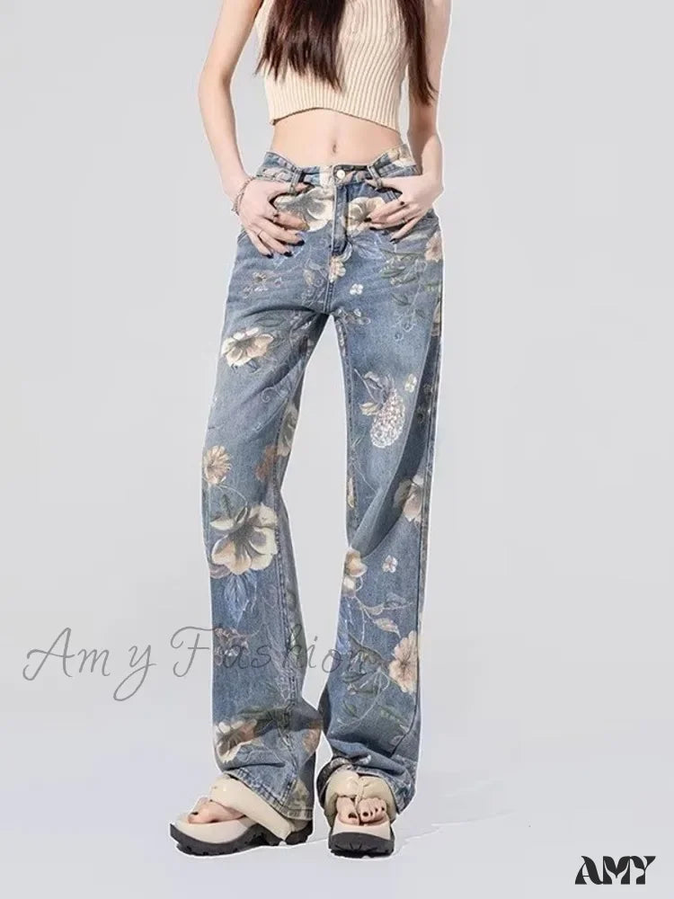 Birthday Jeans for Celebration -Amy Fashion - Children's High Waist Straight Tube Loose Wide Leg Trendy Spliced With Old Zippers Jean