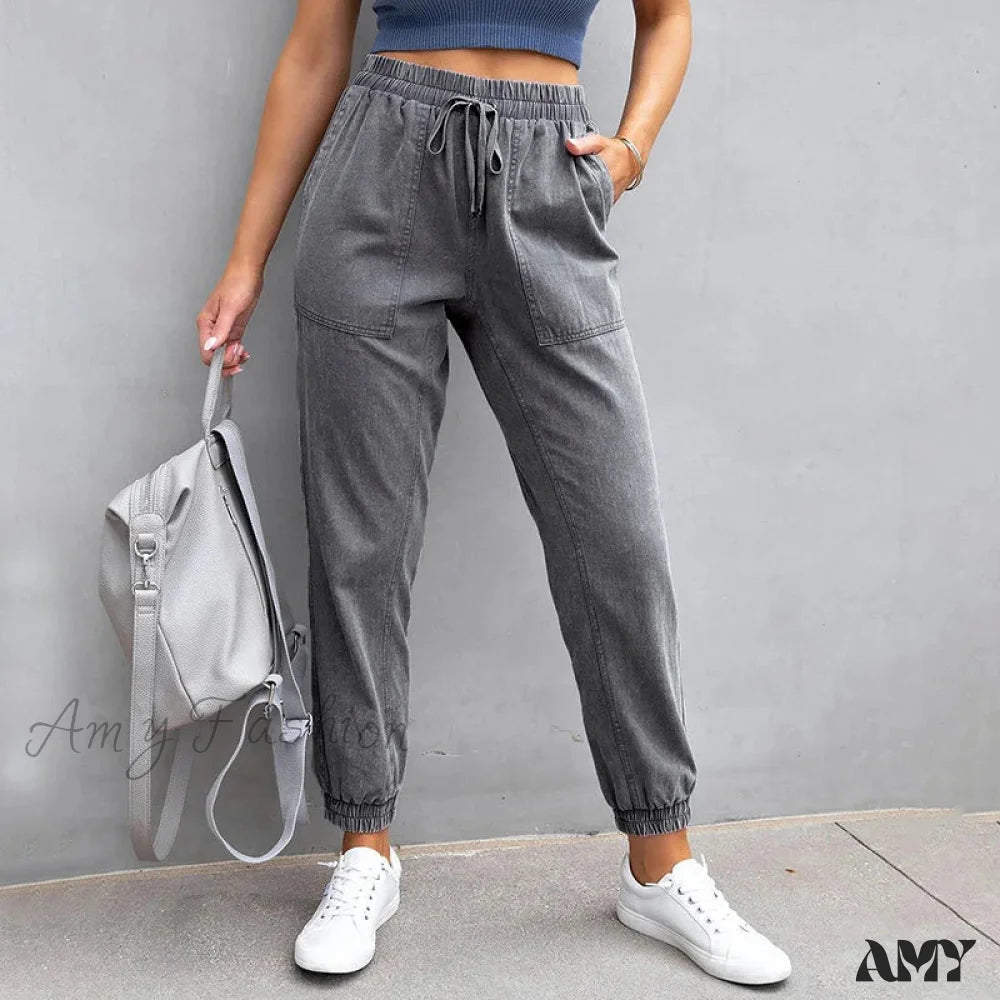 Cycling Jeans for Biking -Amy Fashion - Stretch Women High Waist Wide Leg Casual Fashion Pocket Drawstring Women Clothing Mom Jean