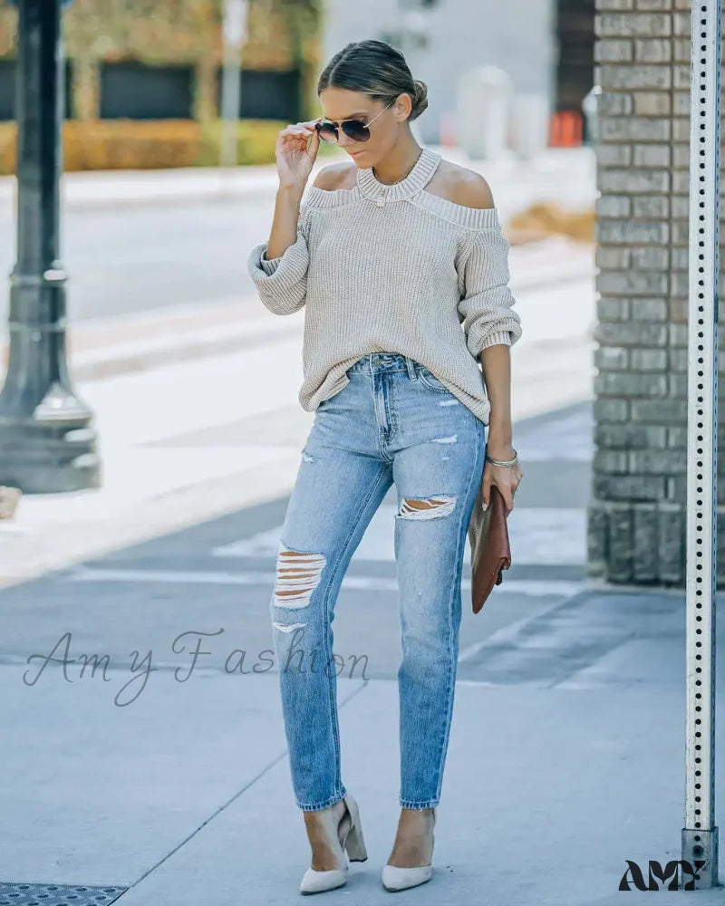 Straight Jeans for Classic Style -Amy Fashion - New Washed Ripped Fashion High Waist Mom Fit Casual Cotton Denim Jean