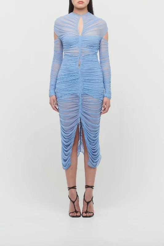 Colored Jeans for Variety -Mugler Eco Mesh Ruched Dress in Silver Blue