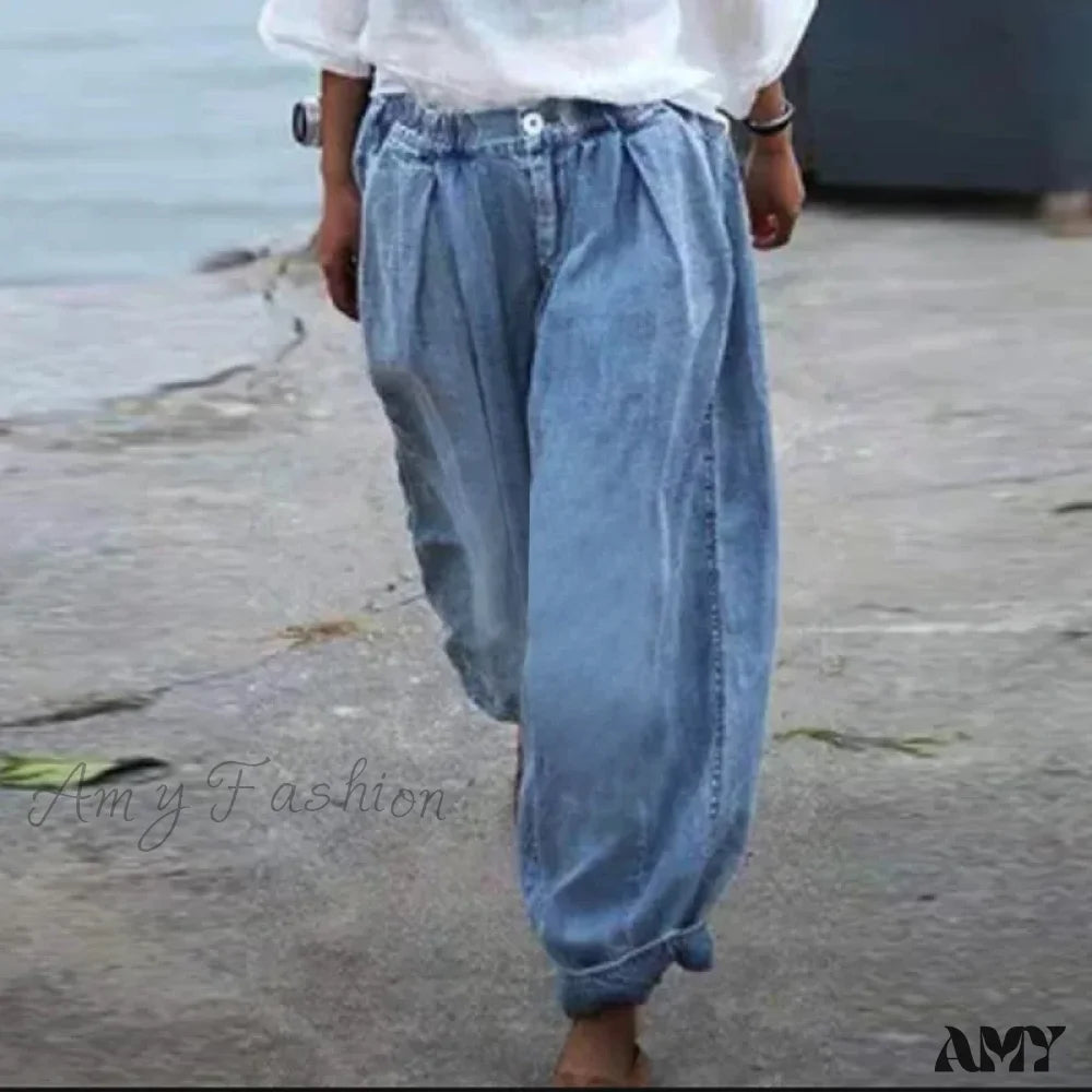 Travel Jeans for On-the-go -Amy Fashion - Casual Vintage High Waist Bohemian Baggy Blue Beach Fashionable Denim Jean