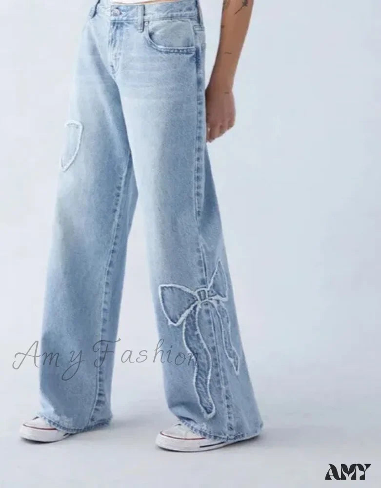 Side Pocket Jeans for Extra -New Fashion Bow Embroidered Baggy Y2K Harajuku Vintage Popular Gothic High Waist Wide Leg Jean