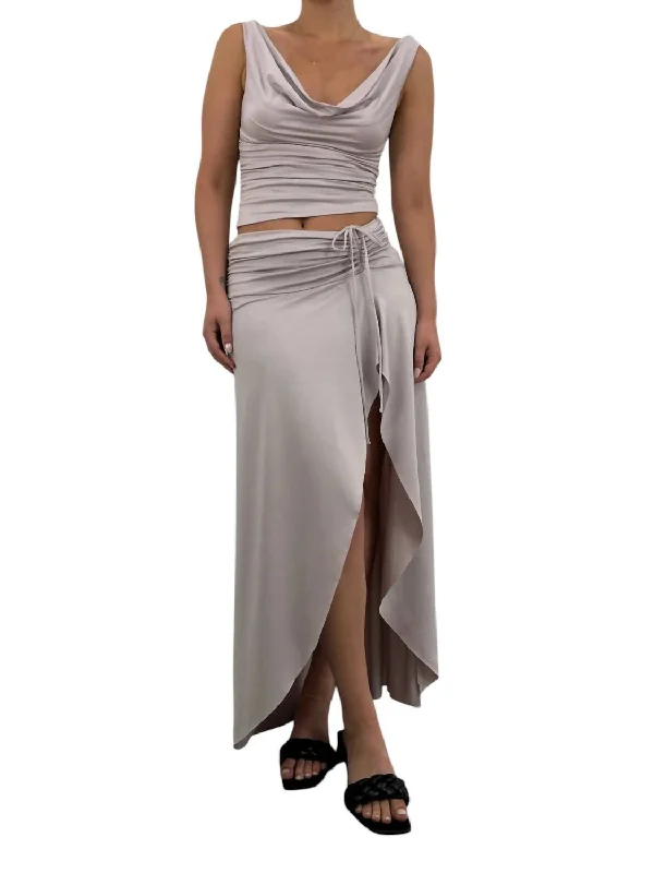 Solid Color Long Skirts for Simple -Asymmetrical Ruched Midi Skirt In Taupe