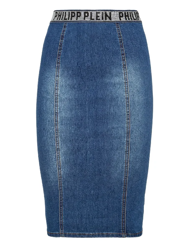 Floral Long Skirts for Romantic -Denim Super Stretch Skirt Stones  Philipp Plein TM with Crystals