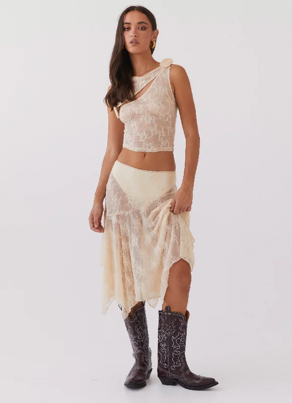 Leather Short Skirts for Edgy -Nakia Lace Midi Skirt - Ivory