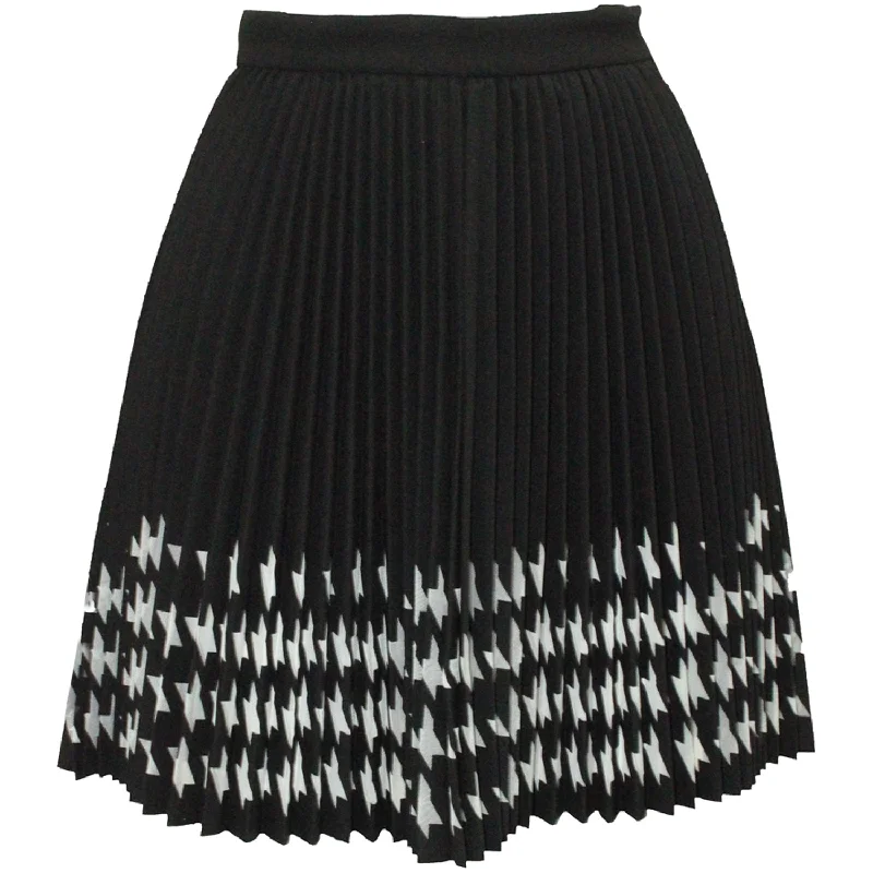 Wool Long Skirts for Warmth -MSGM Houndstooth Pleated Laser Cut Skirt in Black Polyester