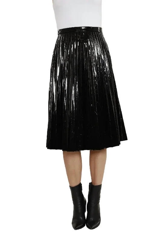 Pink Long Skirts for Feminine -Patent Leather Pleated Skirt In Black