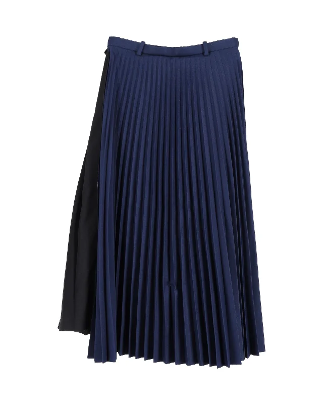 Polyester Long Skirts for Durable -Balenciaga Pleated Midi Skirt in Navy Blue Polyester