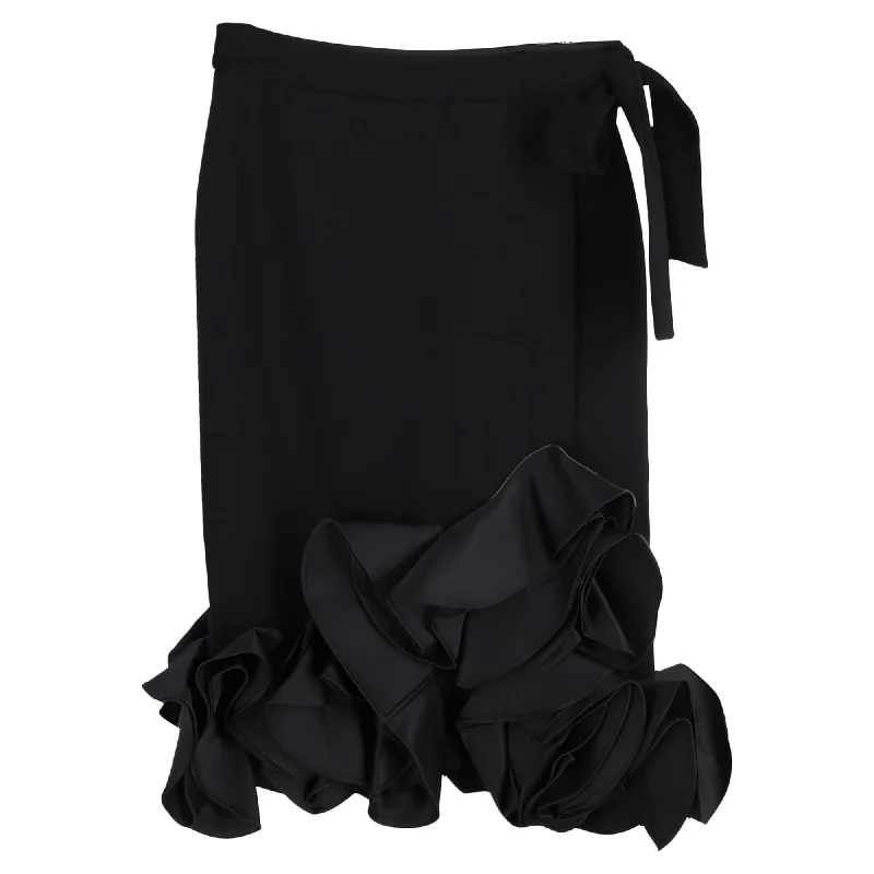 Punk Long Skirts with Spikes -Victoria Beckham Ruffled Hem Midi Skirt in Black Wool