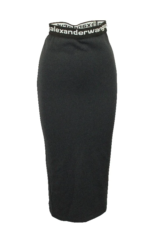 Long Skirts for Beach Vacations -Alexander Wang Logo Waistband High Waisted Pencil Skirt in Black Polyamide