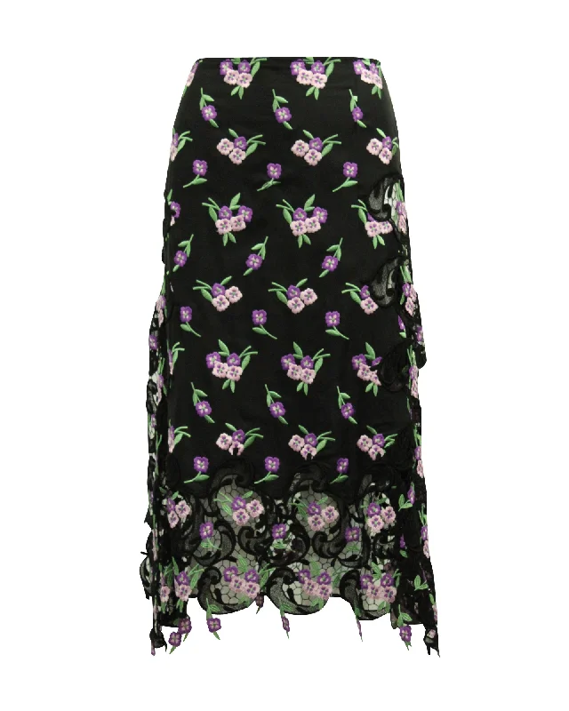 Black Long Skirts for Versatile -Paco Rabanne Floral Embroidered Skirt in Black Viscose