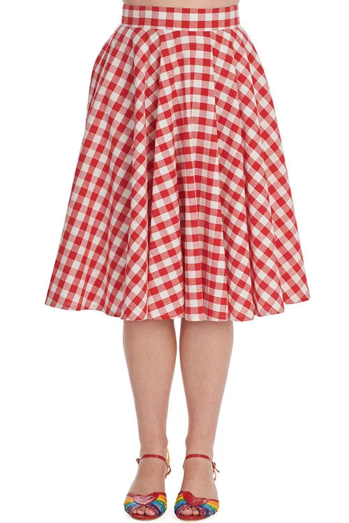 Patterned skirts with geometric print edge -Banned Picnic by the Sea Swing Skirt Red Gingham